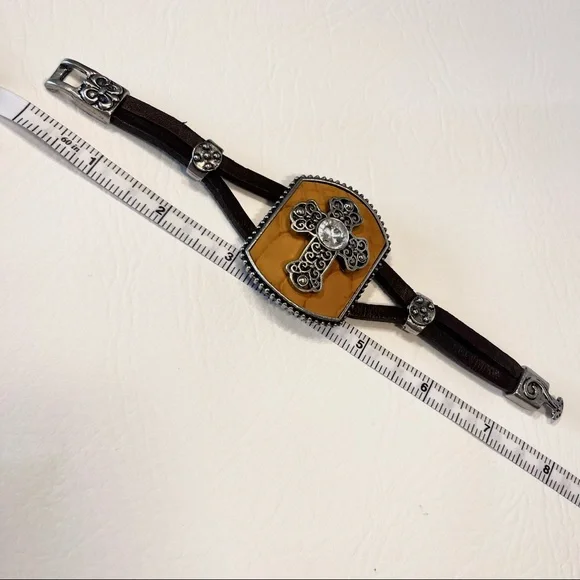 Vintage Leather Bracelet Silver Rhinestone Cross Yellow Crocodile - Picture 6 of 7